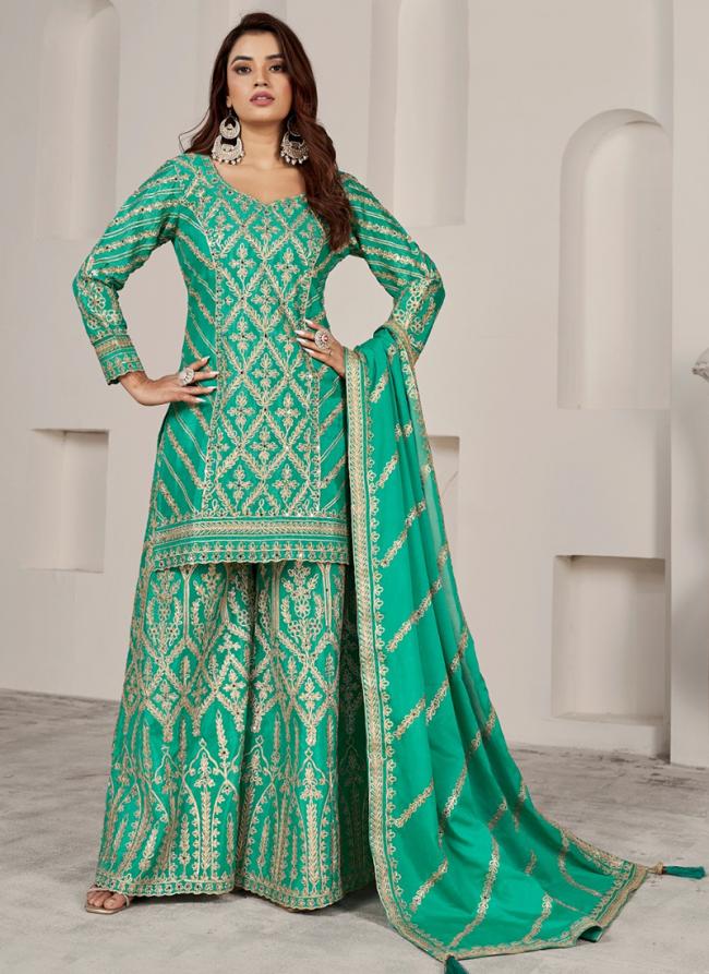 Premium Chinnon Firozi Wedding Wear Embroidery Work Readymade Plazzo Suit